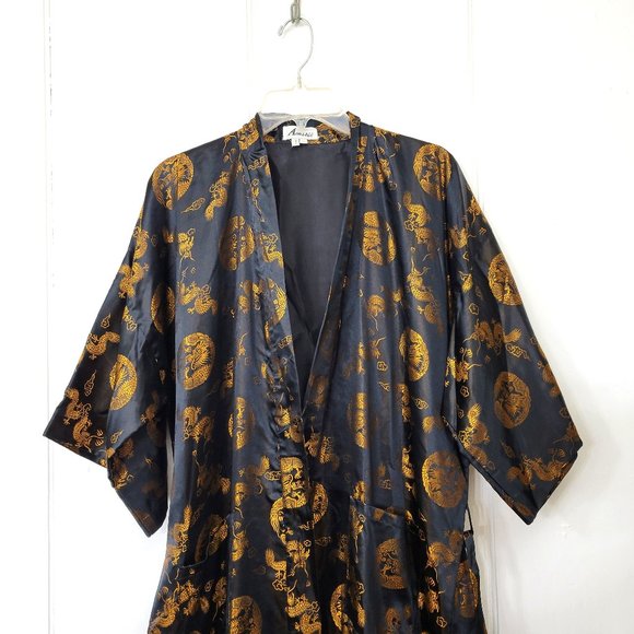 Black Satin Kimono with Birds and Dragons Size Large - Picture 3 of 6